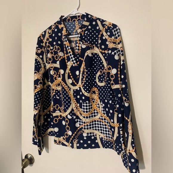 SHEIN Tops - SHEIN Navy and Gold Chain Print Blouse